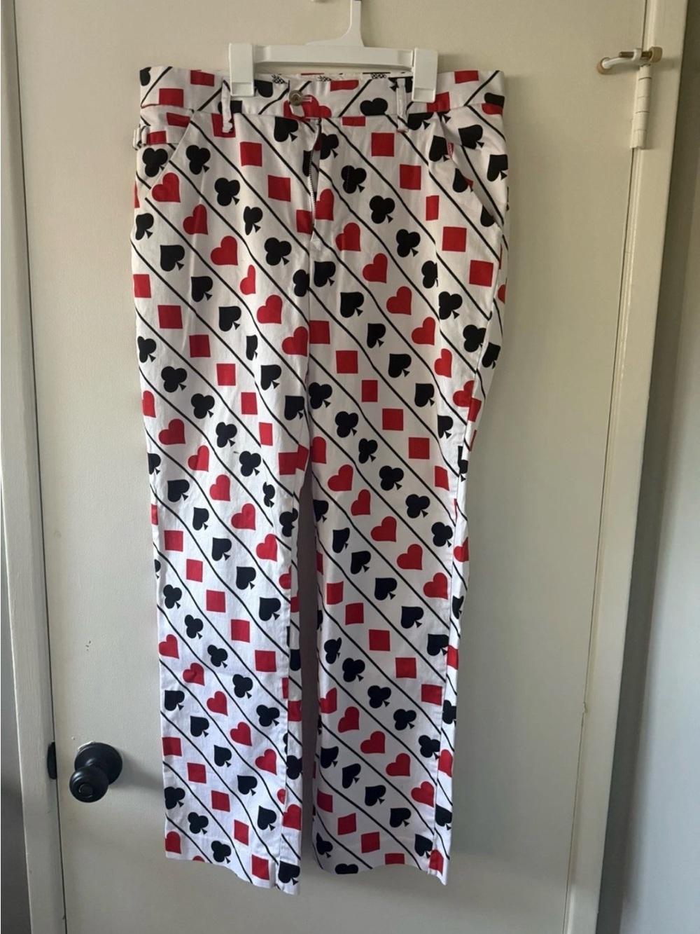 Royal & Awesome Men’s Pants in White with Red & Black Poker Card Accents